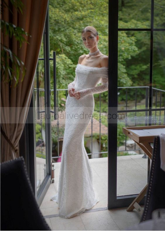 Off Shoulder Ivory Allover Lace Corset Back Sweet Wedding Dress